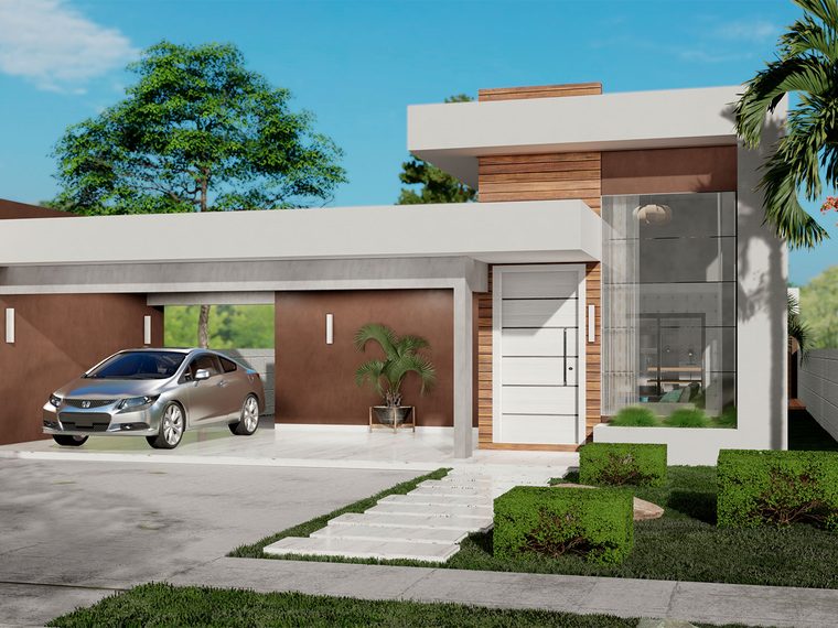 Projeto 3D de casa térrea moderna, com fachada em madeira e vidro